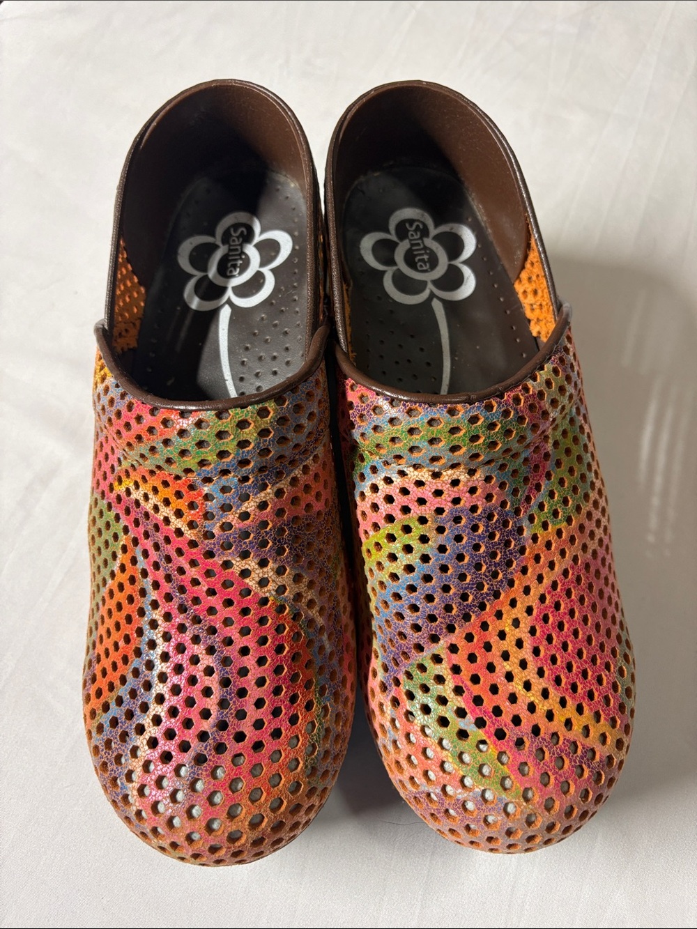 Sanita Multicolor Perforated Leather Mule Clogs — Orange, Pink, Green, Purple
